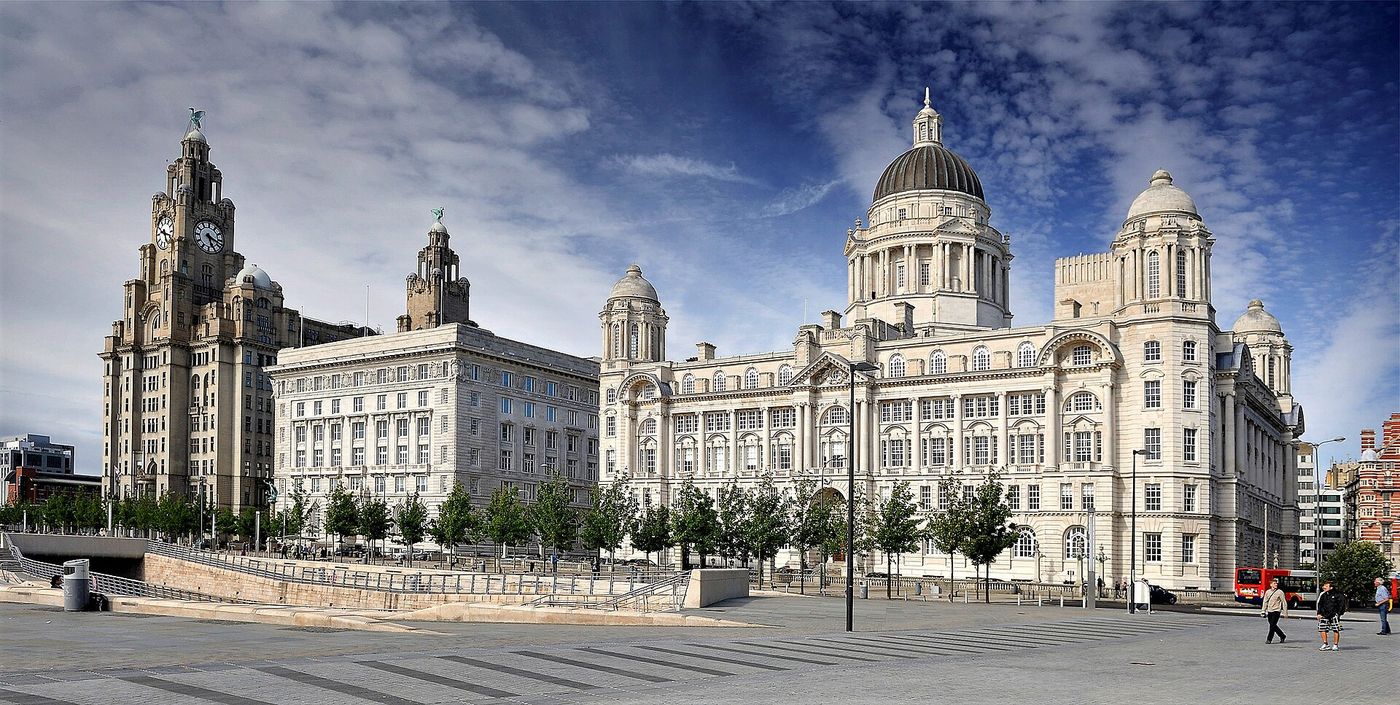 The Liverpool waterfront and Royal Liver Building from the Mersey