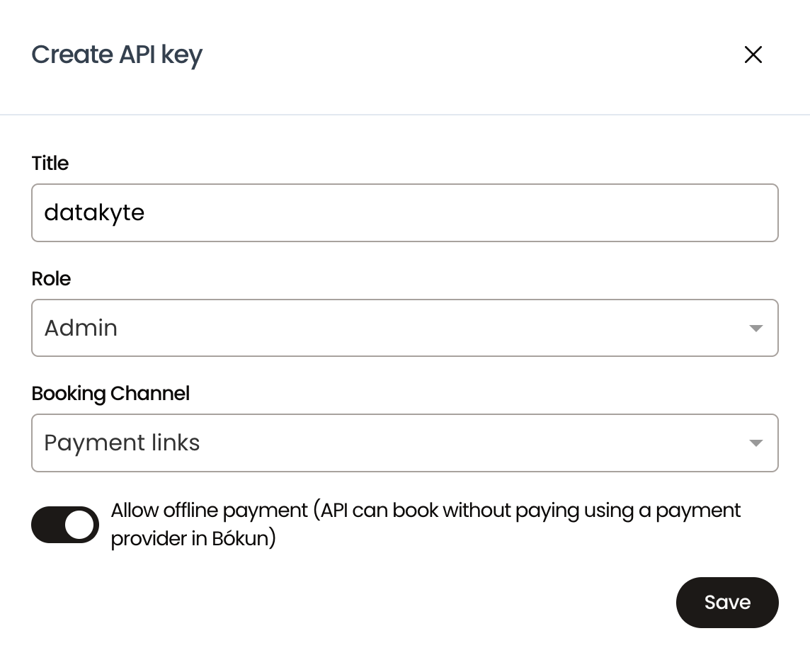 Bokun Create API key dialog showing Title: datakyte, Role: Admin, Booking Channel: Payment links, and Allow offline payment turned off
