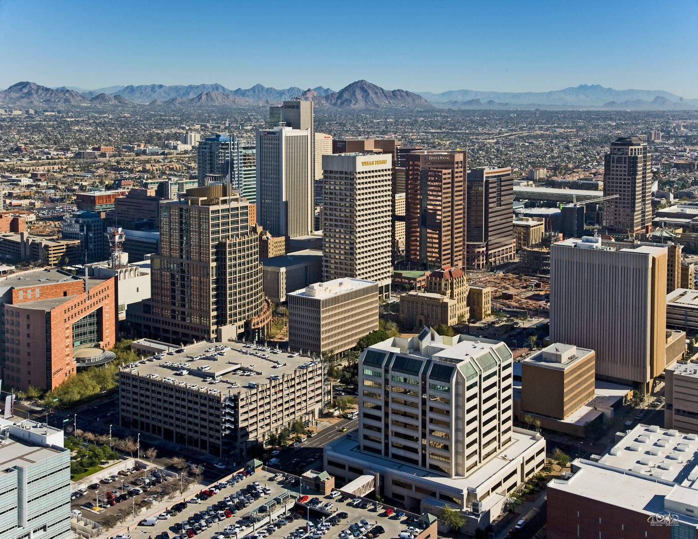Downtown Phoenix with desert mountains behind