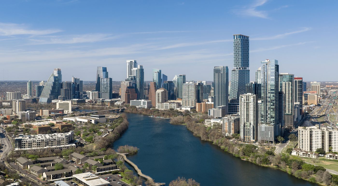 The Austin skyline reflected in Lady Bird Lake