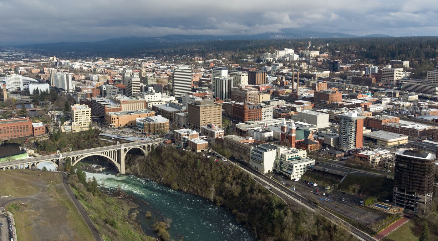 The Spokane River falls running through downtown Spokane